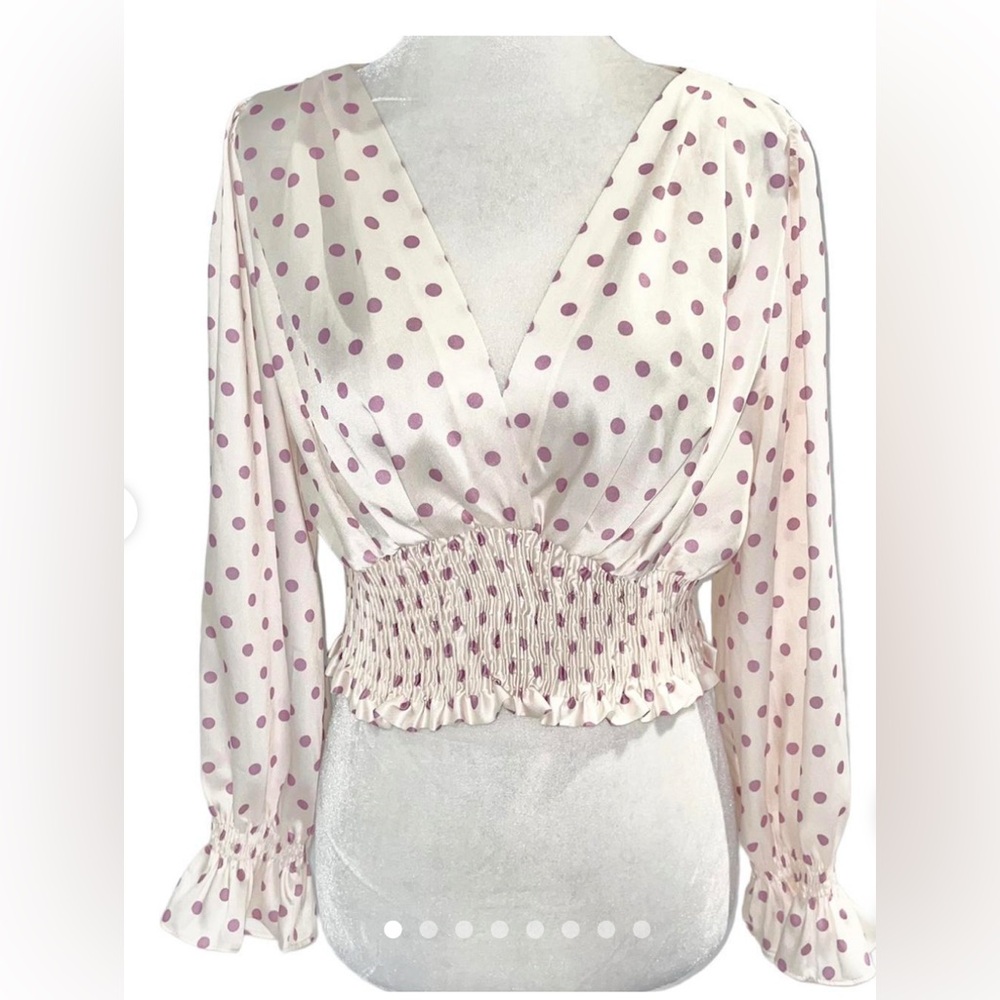 Zara polka dot blouse white lavender ruffled v neck cropped sz S - Picture 7 of 7